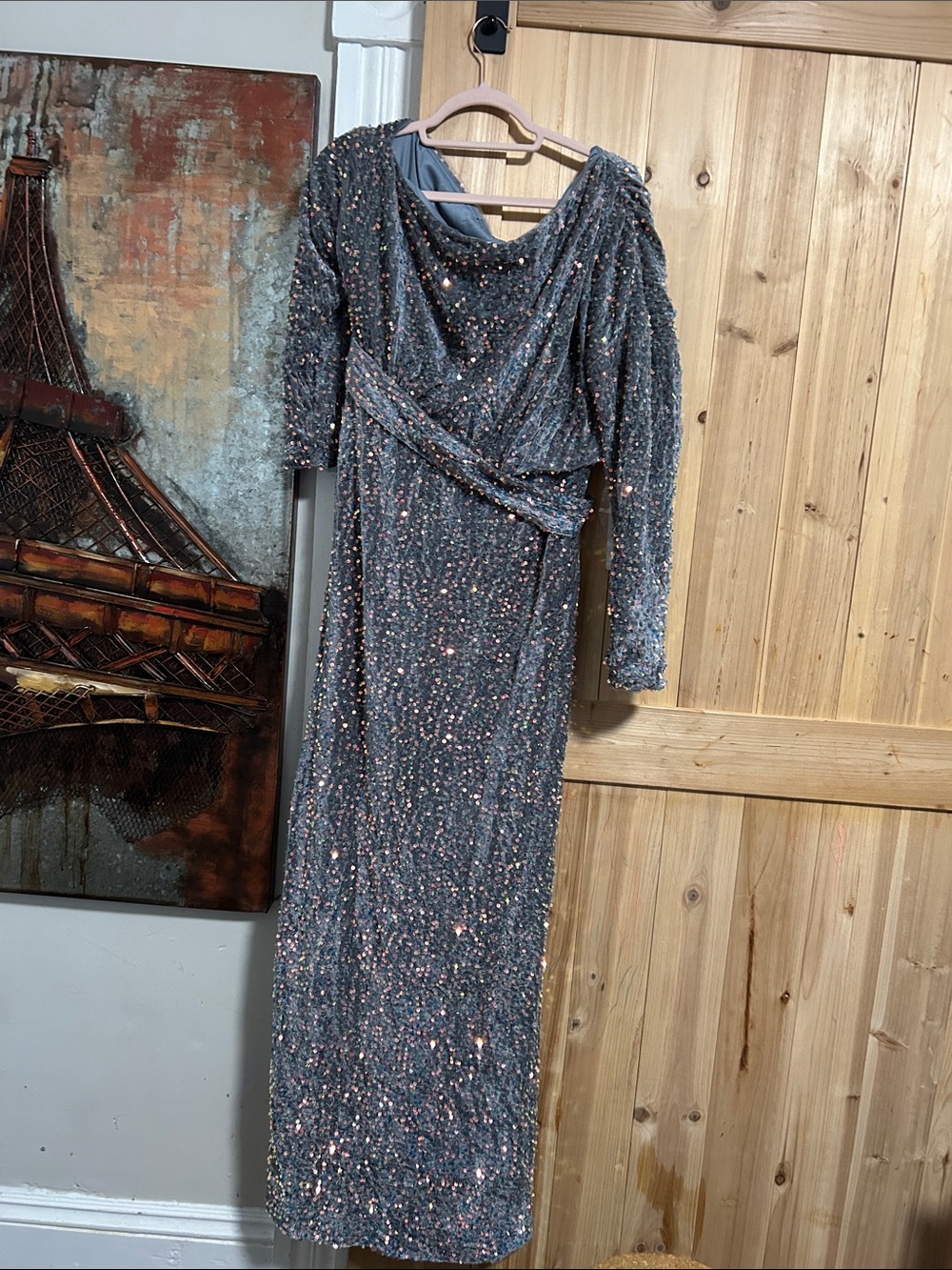 Velvet Sequin Long Sleeve Evening Dress - Gray/silver
